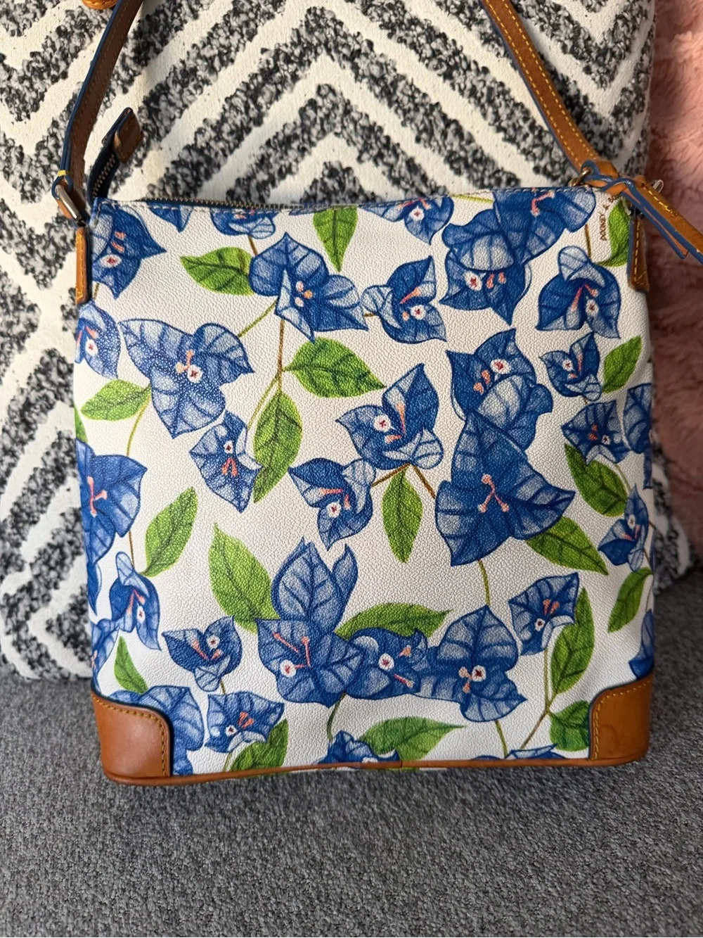 Dooney & Bourke White Blue Floral Crossbody with Tan Trim